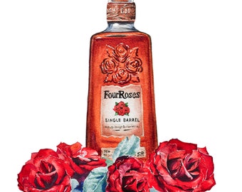 Four Roses Bourbon Watercolor Print: Red Roses Bar Decor