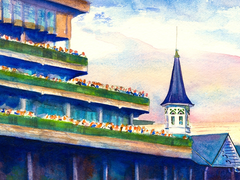 Kentucky Derby late afternoon almost sunset Churchill Downs, vibrant horse racing print, Equestrian decor, derby gift, Kentucky gift, Louisville art, Derby party, Derby memorabilia, Aimee Griffith, official artist of the Kentucky Derby, roses