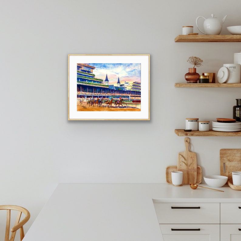 Kentucky Derby late afternoon almost sunset Churchill Downs, vibrant horse racing print, Equestrian decor, derby gift, Kentucky gift, Louisville art, Derby party, Derby memorabilia, Aimee Griffith, official artist of the Kentucky Derby, roses
