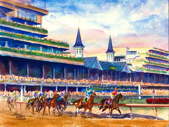 Kentucky Derby Golden Hour Sunset Over Churchill Downs | Horse Racing Watercolor Print | Lexington KY Equestrian Art by Aimee Griffith