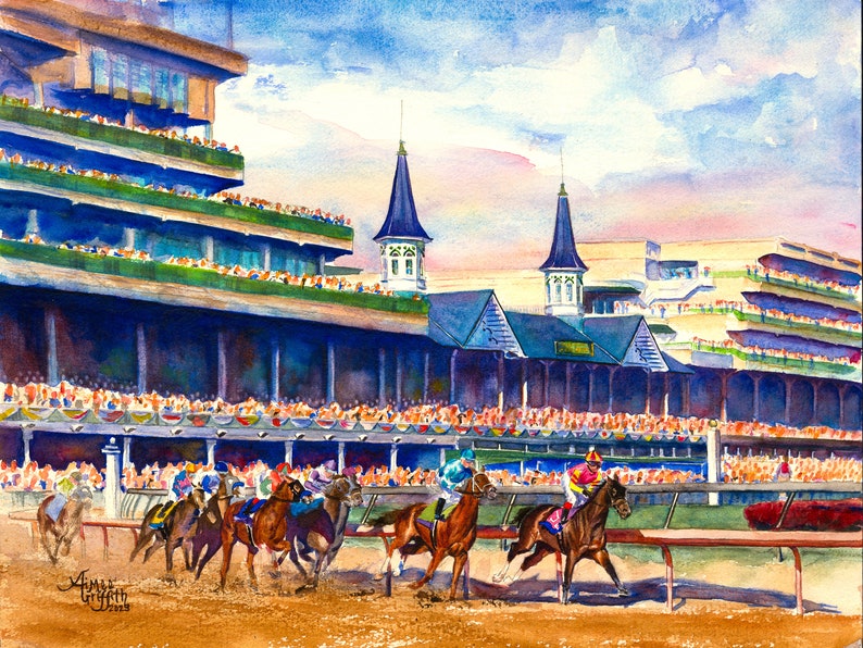 Kentucky Derby late afternoon almost sunset Churchill Downs, vibrant horse racing print, Equestrian decor, derby gift, Kentucky gift, Louisville art, Derby party, Derby memorabilia, Aimee Griffith, official artist of the Kentucky Derby, roses