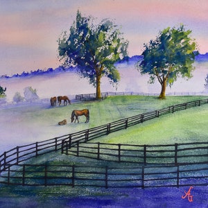 Misty Morning Horse Farm - Kentucky landscape watercolor art print of a horse farm, mother and foal