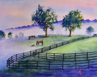 Misty Morning Horse Farm - Kentucky landscape watercolor art print of a horse farm, mother and foal