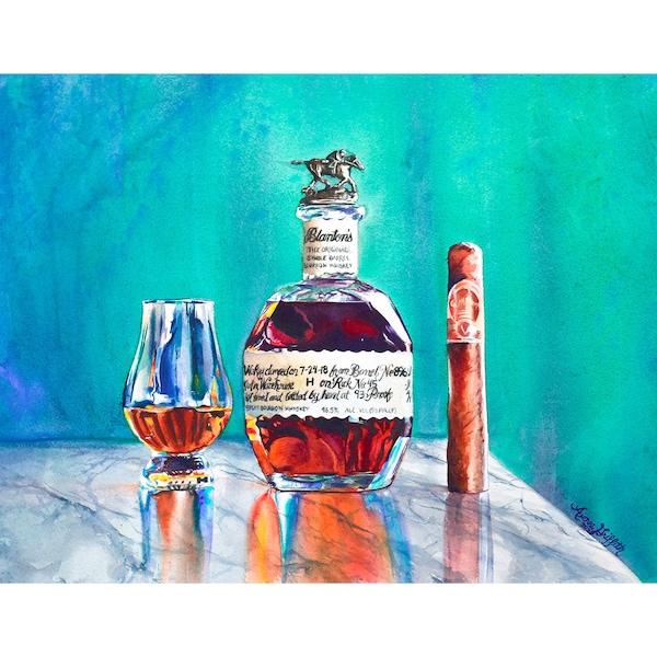 Blanton's Night Cap - watercolor painting print of bourbon and cigar, man cave art, bourbon prints, gift for him, whiskey decor
