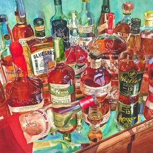 Top Shelf Bourbon Art Print | Whiskey Still Life Watercolor | Kentucky Bar Wall Decor | Lexington KY Artist Aimee Griffith - man cave decor