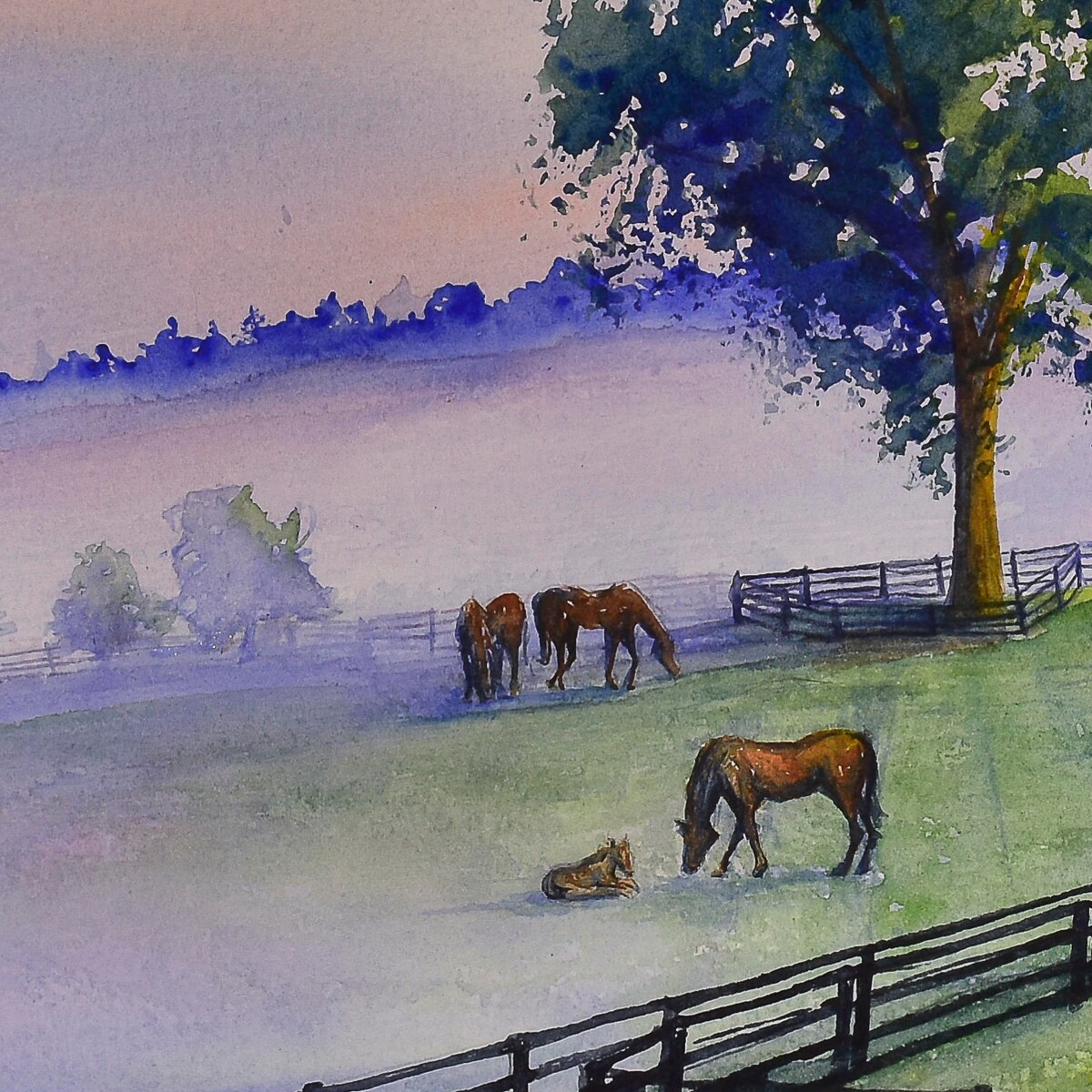 Misty Morning Horse Farm - Kentucky Landscape Watercolor Art Print of a Horse Farm, Mother and Foal - Etsy