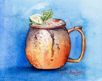 Kentucky Mule bourbon cocktail whiskey watercolor painting fine art print, bourbon art, decor and gifts