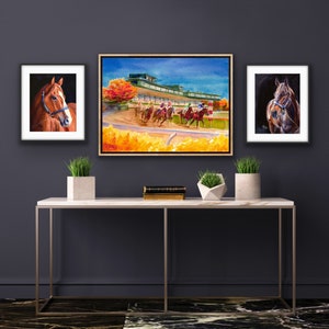 Example of 24x32" framed canvas in gallery wall with Justify and another horse. Print does not come framed. This is an example only. Keeneland Race Track Fall Meet II - Watercolor Art Print Kentucky horse racing, watercolor equestrian art print