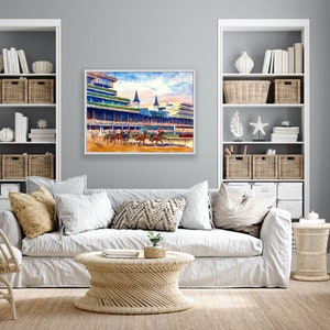 Kentucky Derby late afternoon almost sunset Churchill Downs, vibrant horse racing print, Equestrian decor, derby gift, Kentucky gift, Louisville art, Derby party, Derby memorabilia, Aimee Griffith, official artist of the Kentucky Derby, roses