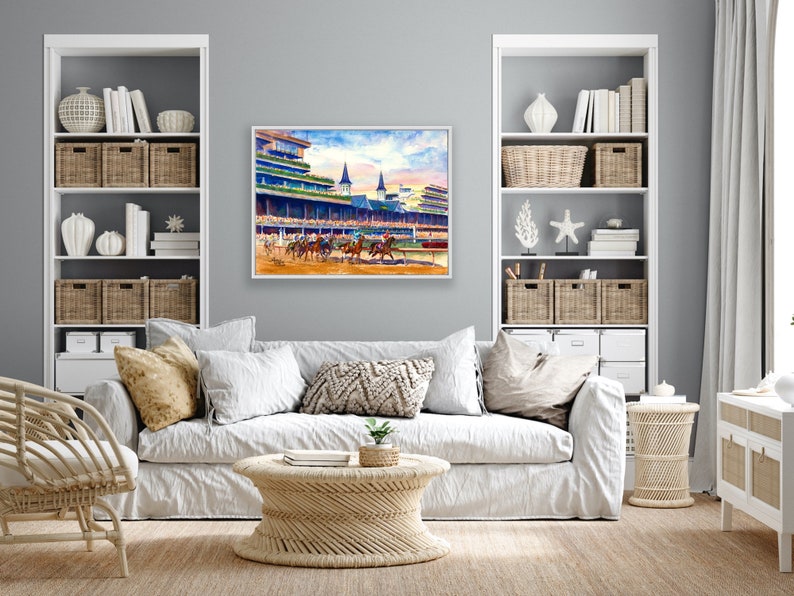 Kentucky Derby late afternoon almost sunset Churchill Downs, vibrant horse racing print, Equestrian decor, derby gift, Kentucky gift, Louisville art, Derby party, Derby memorabilia, Aimee Griffith, official artist of the Kentucky Derby, roses