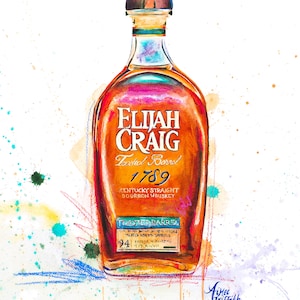 Elijah Craig Toasted Barrel bourbon bottle watercolor painting print Kentucky bourbon art & gifts