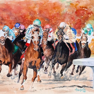 Autumn Horses - Keeneland Race Track in the fall watercolor art print of racehorses