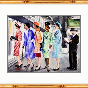 May include: Five women in colorful dresses and hats stand in line at a train station. A man in a suit and hat reads a paper nearby. The sign above reads "Track".