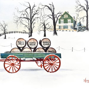 May include: A watercolor painting of a red wagon carrying barrels of Maker's Mark bourbon in a snowy winter landscape. The wagon is pulled by a horse and is traveling towards a green house in the distance. The painting is signed by the artist, Anne Graff.