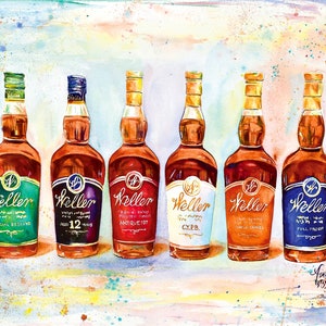 Full Set of Weller Kentucky Bourbon Whiskey: Full Proof, Special Reserve, CYPB, Single Barrel, 12 Year and Antique 107 art print, gift