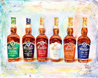 Könnte beinhalten: Ein Aquarellbild von sechs Flaschen Weller Bourbon Whiskey. Die Flaschen sind in einer Reihe von links nach rechts angeordnet. Jede Flasche hat ein anderes Etikett, darunter "Special Reserve", "12", "Antique 107", "CY.P.B.", "Single Barrel" und "Full Proof".