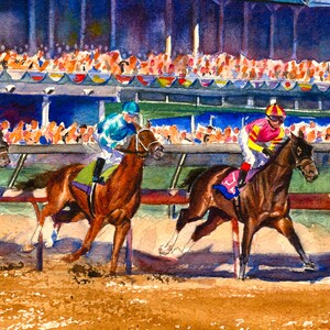 Kentucky Derby late afternoon almost sunset Churchill Downs, vibrant horse racing print, Equestrian decor, derby gift, Kentucky gift, Louisville art, Derby party, Derby memorabilia, Aimee Griffith, official artist of the Kentucky Derby, roses