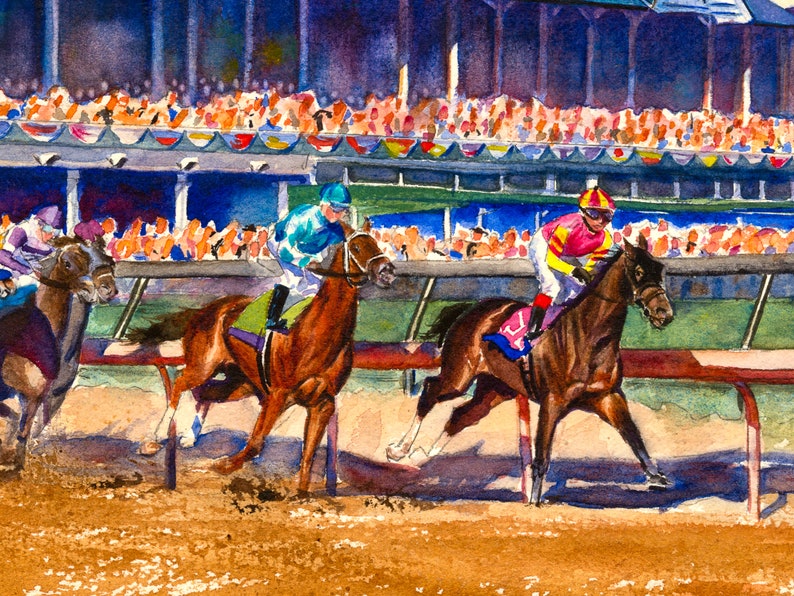 Kentucky Derby late afternoon almost sunset Churchill Downs, vibrant horse racing print, Equestrian decor, derby gift, Kentucky gift, Louisville art, Derby party, Derby memorabilia, Aimee Griffith, official artist of the Kentucky Derby, roses