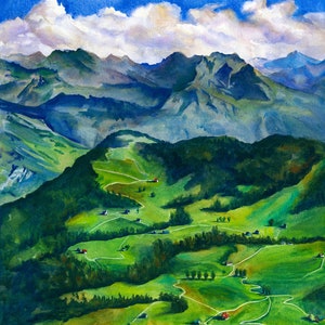 Switzerland Swiss Alps art print watercolor The Sound of Music landscape
