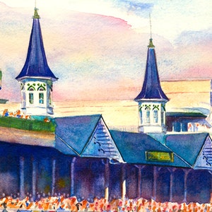 Kentucky Derby late afternoon almost sunset Churchill Downs, vibrant horse racing print, Equestrian decor, derby gift, Kentucky gift, Louisville art, Derby party, Derby memorabilia, Aimee Griffith, official artist of the Kentucky Derby, roses