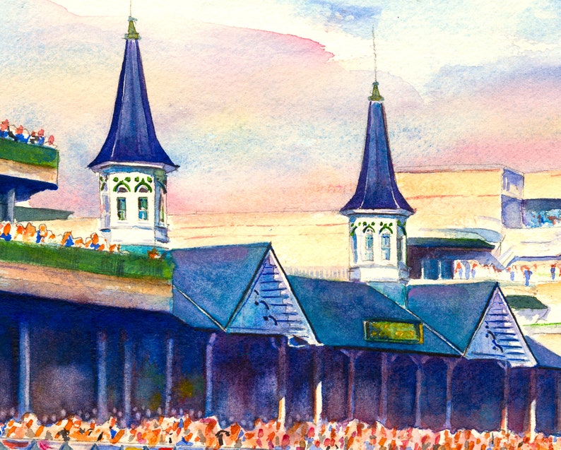 Kentucky Derby late afternoon almost sunset Churchill Downs, vibrant horse racing print, Equestrian decor, derby gift, Kentucky gift, Louisville art, Derby party, Derby memorabilia, Aimee Griffith, official artist of the Kentucky Derby, roses