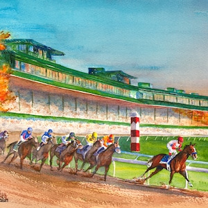 Keeneland Race Track Fall Meet in Lexington, Kentucky watercolor horse racing art print