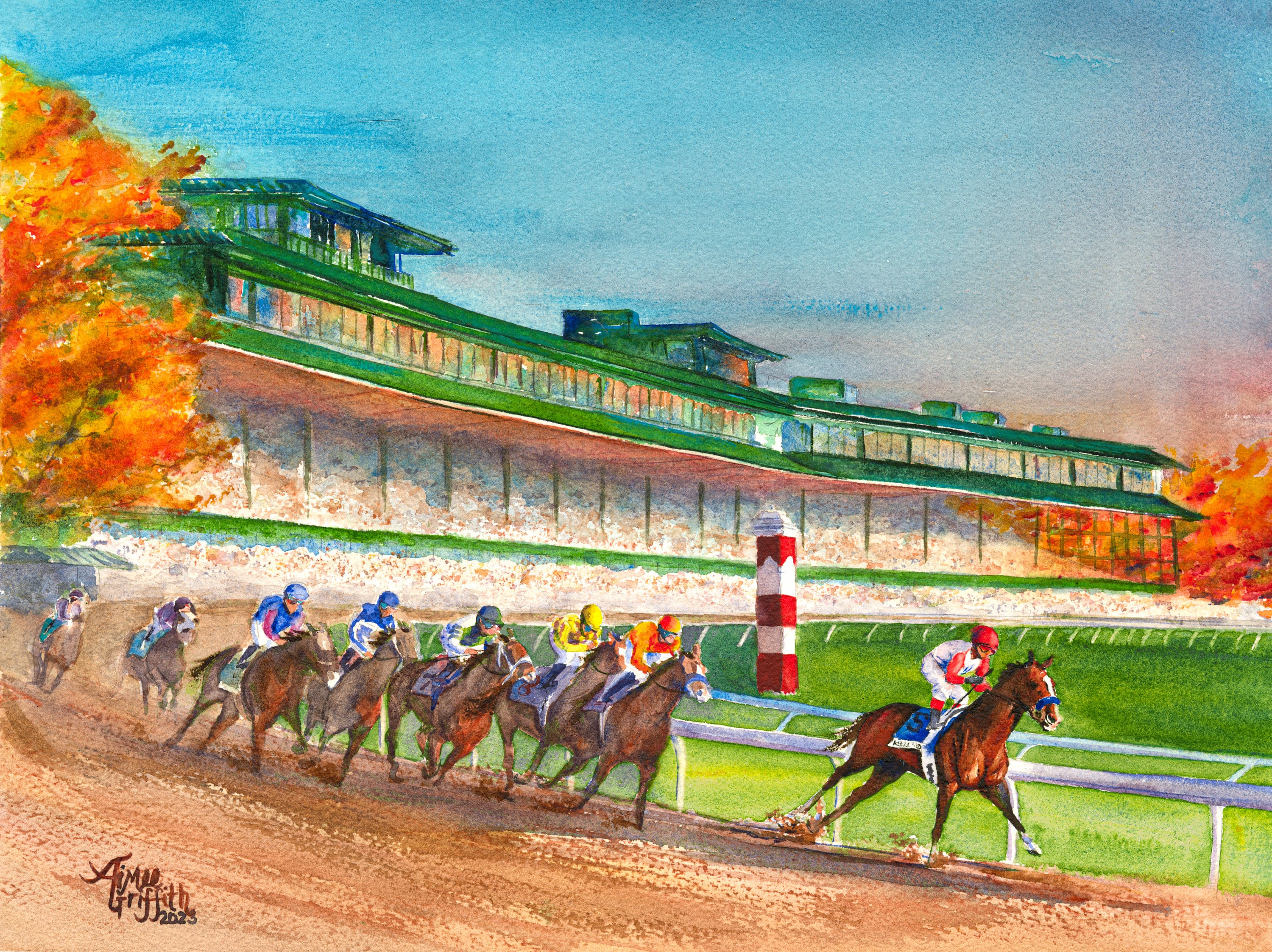 Keeneland Race Track Fall Meet in Lexington, Kentucky watercolor horse racing art print