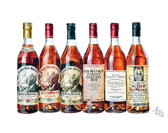 Könnte beinhalten: Sechs Flaschen Bourbon-Whiskey, jede mit einem anderen Etikett und Alter. Die Flaschen sind alle aus braunem Glas mit einem roten, weißen und schwarzen Etikett. Die Etiketten tragen den Namen "Van Winkle" und "Old Rip Van Winkle".