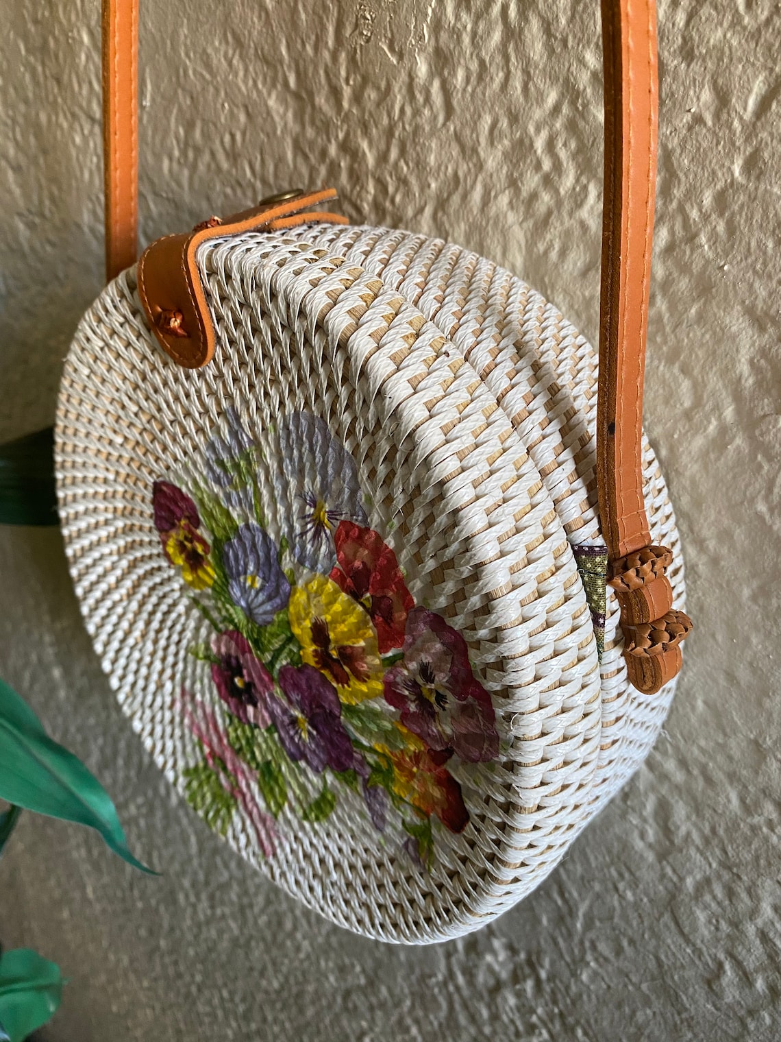 White Rattan Crossbody Bag With Flower Design Handmade Etsy