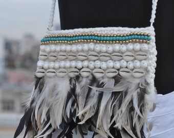 Czarno-biała torba z piór, portfel, kopertówka, torba na ramię w stylu boho, odzież festiwalowa, akcesoria Burning Man dla kobiet, akcesoria Rave