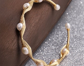 Gold Pearl Bracelet -White Pearl bangle-Gold Filled Wire Wrapped Handmade Pearl Bracelet