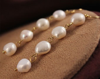 Long drop Pearl Earrings - Gold pearl stud -Handmade large Earring- Freshwater Pearl Earring