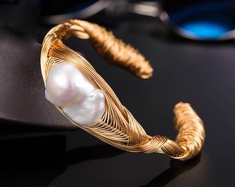 Personalized Gold Bangle Bracelet -Pearl bangle- Handmade Winding Bracelet-Gold Filled Wire Wrapped Handmade Pearl Bracelet