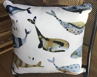 whale cushion, whale pillow, whale print fabric, scatter cushion, sea themed decor, beach hut cushion,