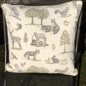 Woodland themed cushion in ivory, green and charcoal, woodland animal cushion, sage green cushion, Fox cushion,owl cushion,