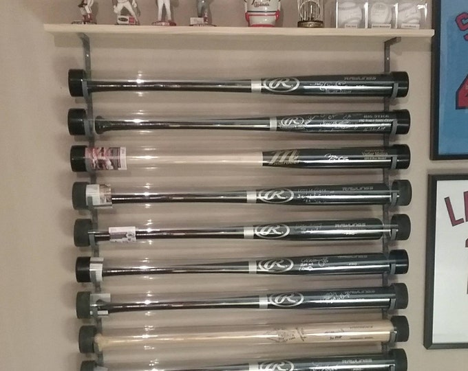 10 Bat Baseball Bat Display Rack w/ Wood Baseball Display Shelf