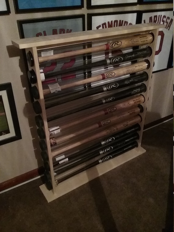 Freestanding Baseball Bat Display Rack - Holds 9 Bats, Rustic Wood, 35.7" Tall 2 thumbnail image