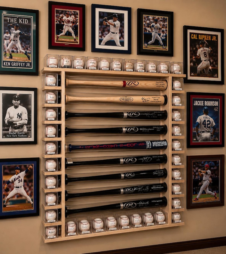 7bat Wood - Baseball Bat Display Rack W/ Multiple Shelves- Premium Pine ...