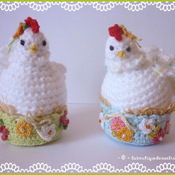 Pair of funny hens on nests for home decor