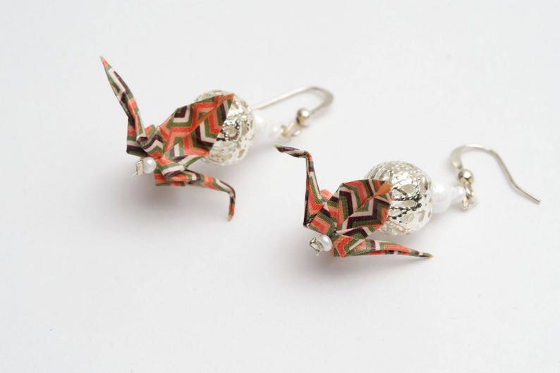 Origami cranes pattern vintage and silver metal bead for clip-on earrings image 3