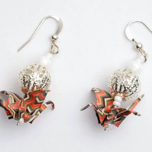 Origami cranes pattern vintage and silver metal bead for clip-on earrings image 2