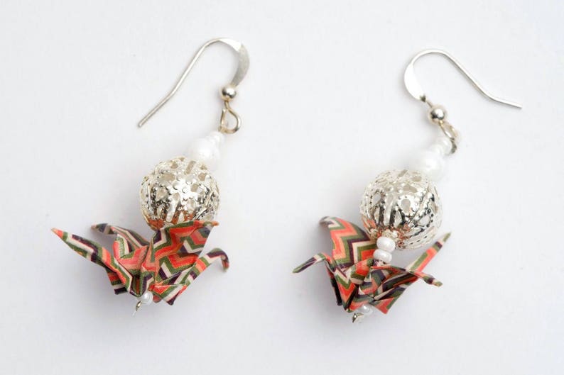 Origami cranes pattern vintage and silver metal bead for clip-on earrings image 2