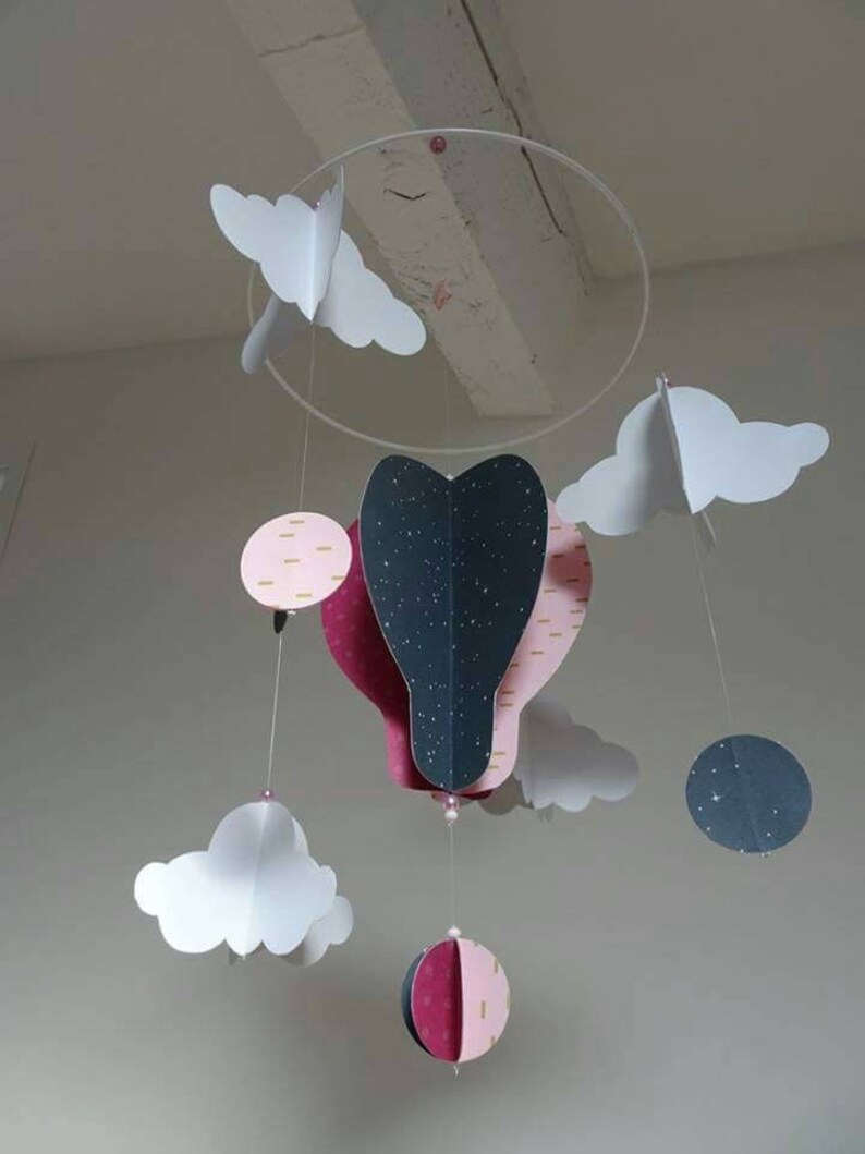 Suspensión Globo de aire caliente móvil, estrellas y nubes en papel origami CREATION EN EL DEMANDE imagen 3