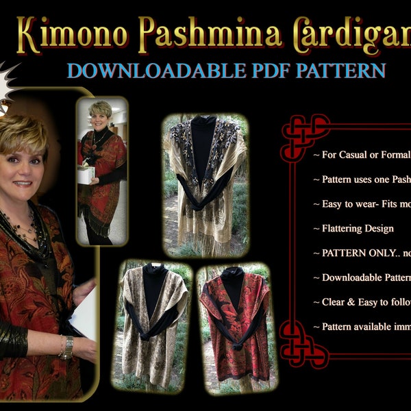 Kimono Cardigan Pashmina, Vest, Bohemian, Swimsuit Cover Up, Easy PDF Pattern Download, Stylish, Flattering, from Casual to Elegant,