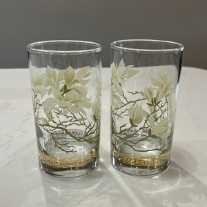Vintage Libbey Floral With Gold Rim Bottom Cocktail Glasses/Highball Tumblers Pair - Hollywood Regency/MCM/1960s/Boho/Retro Barware