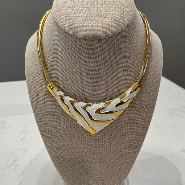 Vintage Trifari Gold Tone And White Enamel Triangle Choker Necklace - 1970s/Hollywood Regency/Disco Nightlife/Gift For Her