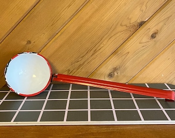 Vintage Enamel White & Red Soup Spoon Ladle With Hook Handle - Modern Farmhouse/Country Kitchen/Rustic/Primitive