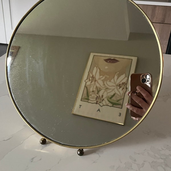 Vintage Brass Round Table Footed Mirror, Gold Round Mirror - Mid Century Modern/Hollywood Regency/Boho/Atomic