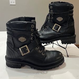 Vintage Harley Davidson Black Leather Motorcycle Boots Womens Size 8 - 1990s/Y2K/Retro Black Leather Buckle Heavy Duty Boots