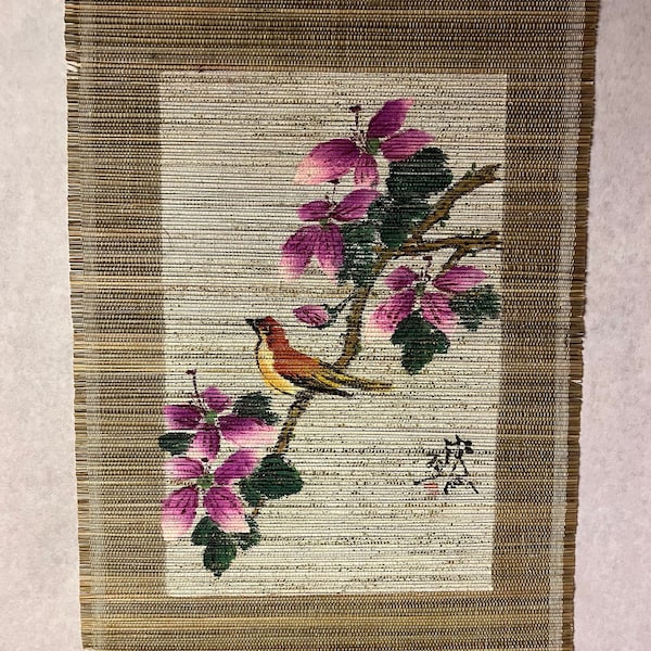 Vintage Floral And Orange Bird Hand Painted Bamboo Wall Hanging Art - Mid Century/1970s/Boho/Cottage Decor/Gift For Her